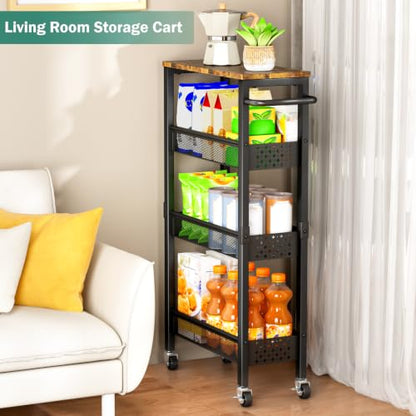Vivihomety 4-Tier Slim Utility Rolling Laundry Cart with Wheels, Metal - color: Black, size: 7.1 inch wide