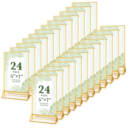 24 Pack 5x7 Gold Acrylic Sign Holders, Double Sided Picture Frame Stands