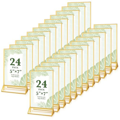 24 Pack 5x7 Gold Acrylic Sign Holders, Double Sided Picture Frame Stands