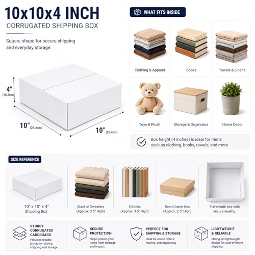10x10x4 White Shipping Boxes, 25 Pack - size: 10x10x4 Inch