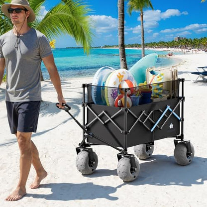 Beach Wagon with Big Wheels for Sand, 450LBS Heavy Duty Foldable Wagon Cart - color: Black, size: 380L