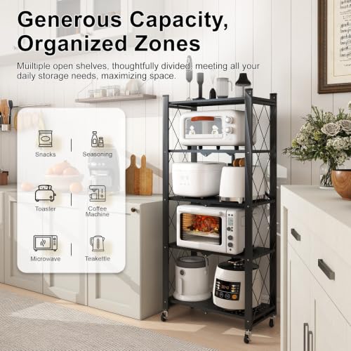 5 Tier Folding Shelf with Wheels,Metal Steel Collapsible Shelves - color: Black, size: 5 Tier