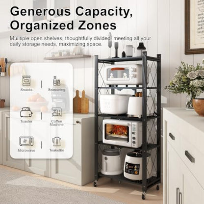 5 Tier Folding Shelf with Wheels,Metal Steel Collapsible Shelves - color: Black, size: 5 Tier