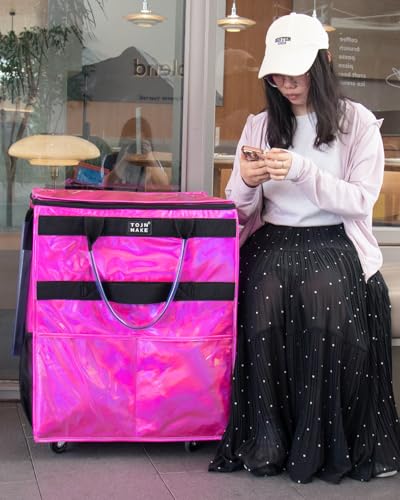 Reusable Grocery Bag with Wheels, Large Glitter Pink Rolling Tote - color: Glitter Pink, size: Large