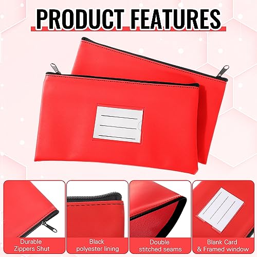 Paterr 6 Pcs Money Bags with Zipper PU Leather Deposit Bank Bag Security Money Pouch Receipt Holder Bank Pouch Wallet with Label for Cash Coin Makeup Cosmetics Bills Tickets, 11 x 6 Inch(Red) - color: Red