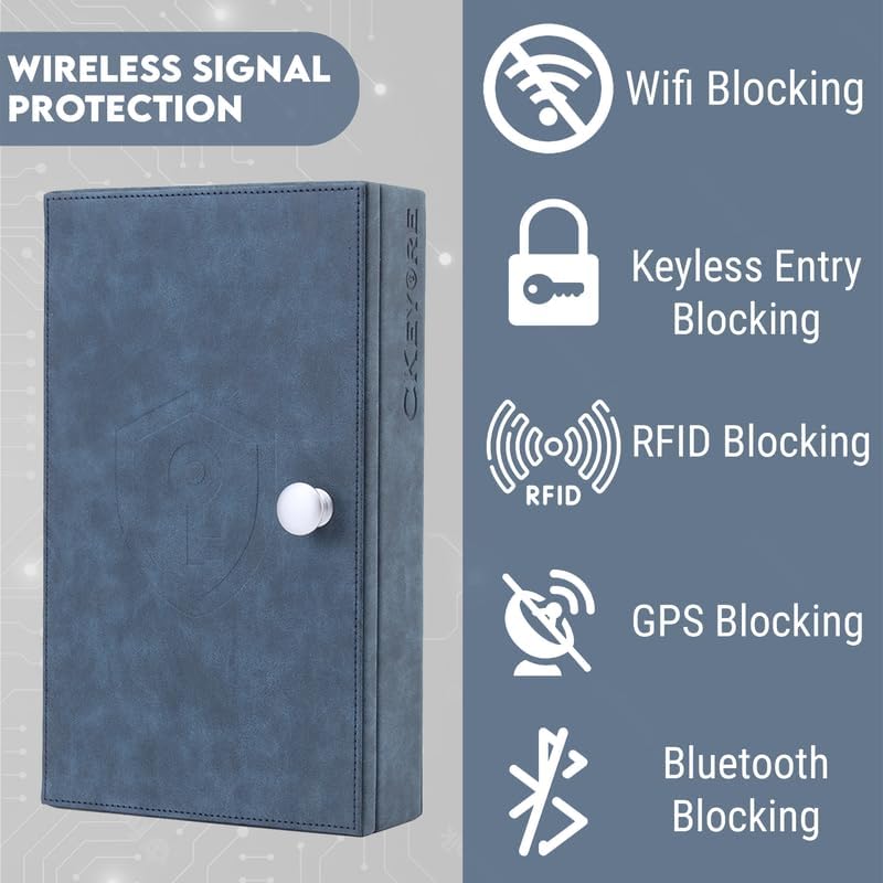 CKEYURE Premium XL PU Leather Faraday Box for Car Keys Wall Mount | Anti Theft Faraday Key Fob Protector | Faraday Cage | Car Key Holder | RFID Key Box | Key fob Signal Blocker - color: Blue