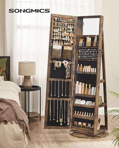 SONGMICS 360° Swivel Jewelry Cabinet, Full-Length Mirror, Lockable - color: Rustic Brown, style: Framed Mirror, Classic