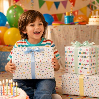 Ulmasinn Birthday Wrapping Paper Roll, Reversible Happy Birthday & Colorful Stars Design, Thick 80gsm Gift Wrap Paper, 17" x 33' Mini Roll for Kids, Teens and Adults, Birthday Gifts, Toys, Books and Party Presents - color: Birthday white