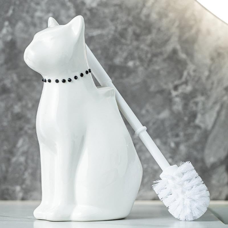 Comeon Ceramic Cat White Toilet Brush and Holder Set with Plastic Handle - color: White, size: Cat