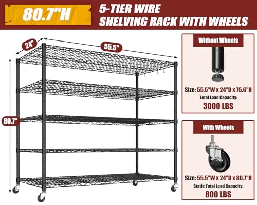 PrimeZone 5 Tier 80.7"H x 55.5"W x 24"D Wire Shelving with Wheels 3000lbs - size: 55.5" W x 24" D x 80.7" H
