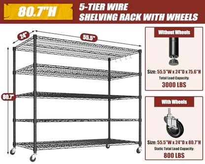 PrimeZone 5 Tier 80.7"H x 55.5"W x 24"D Wire Shelving with Wheels 3000lbs - size: 55.5" W x 24" D x 80.7" H