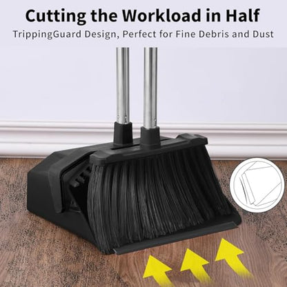 Broom and Dustpan Set for Home, 51" Long Handle Standing Dustpan Black - color: Black