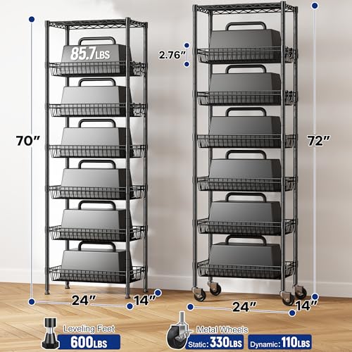 DurayLoly 7-Tier 300LBS Basket Wire Shelving Unit, Locking Wheels, Black - size: 72" H x 24" W x 14" D