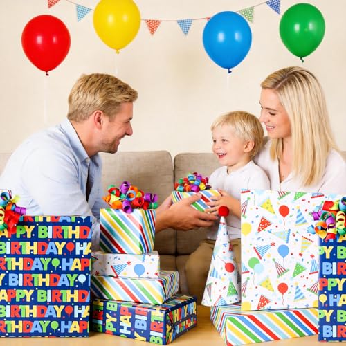BIOBROWN Happy Birthday Wrapping Paper for Boys, Colorful Balloon & Striped - color: Blue&Birthday