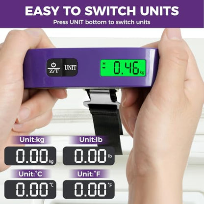 BAGAIL Digital Luggage Scale, 110lbs Hanging Baggage Scale with Backlit LCD Display, Portable Suitcase Weighing Scale, Travel Luggage Weight Scale with Hook, Strong Straps for Travelers - color: Purple
