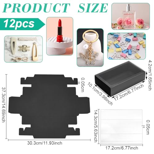 PH PandaHall Drawer Kraft Boxes 6.7x3.9x1.6 Inch Black Gift Boxes with Clear PVC Windows Rectangle Paper Box Party Favor Box for Candy Cookies Bakery Jewelry Crafts Gifts Wrapping, 12pcs - color: Black