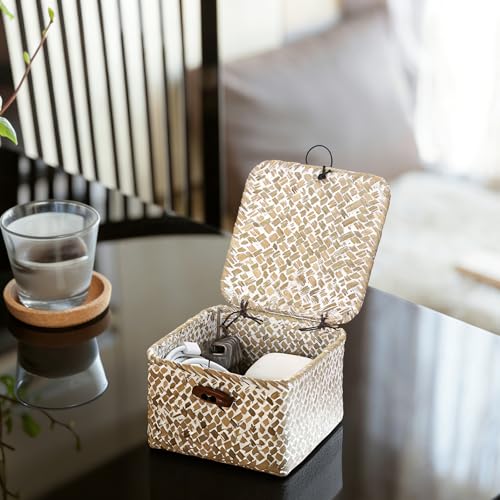 Hipiwe Handwoen Seagrass Basket with Lid Mini Woven Wicker Box,3.5"x3.5"x2" - color: Whitewash color, size: 3.5" x 3.5" x 2"