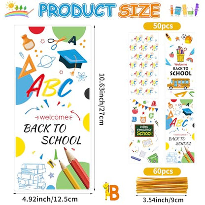 ZYLOP 50 Pcs Back to School Cellophane Treat Bags - 5x11 Inch Clear Cellophane Goodie Bags with 60 Gold Ties for Cookies, Candies, Classroom Gifts, Teachers' Rewards & School Reopening Party Favors - color: Back to school 50pcs