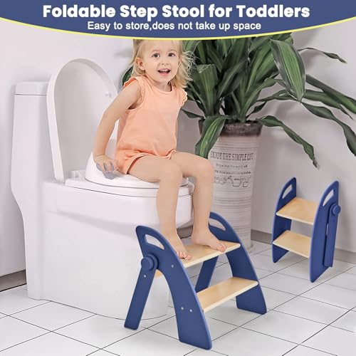 Step Stool for Toddlers, Foldable Wooden 2 Step Stool, Toddler Step Stool for Bathroom Sink & Potty Training, Kitchen Helper with Handles and Non-Slip Pads - color: Dark Blue