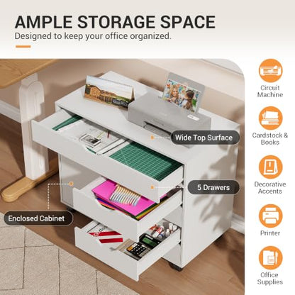 DEVAISE 5 Drawer Wood Storage Cabinet, Office Drawer Cabinet, White - color: White - 1 Large + 4 Small