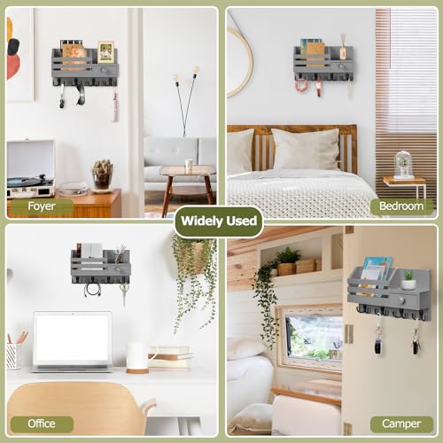 Key Holder Wall Mount, Wooden Key and Mail Organizer, Gray - color: Gray