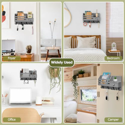 Key Holder Wall Mount, Wooden Key and Mail Organizer, Gray - color: Gray