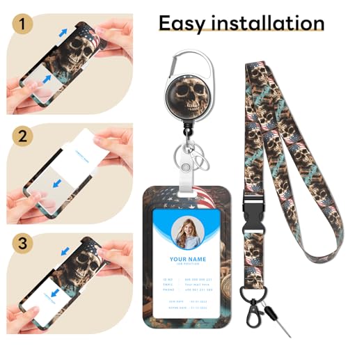 Retractable Badge Holder with Detachable Lanyard, American Skull - color: American Skull