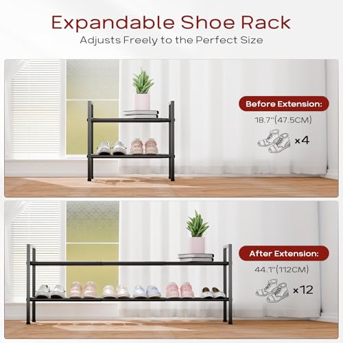 Bumusty 2 Tier Long Expandable Shoe Rack for Closet, Black - color: Black, size: 2-tier