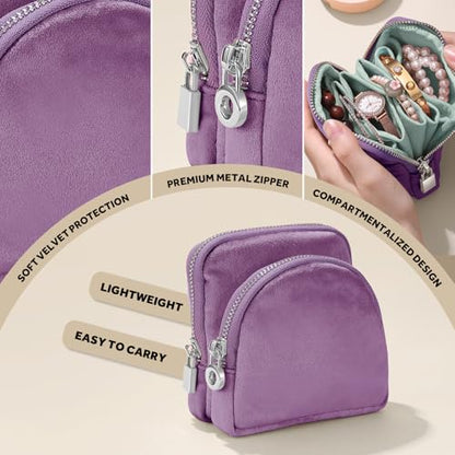 Small Travel Jewelry Case 2-in-1 Detachable Velvet Jewelry Bag Set - color: Lavender Purple