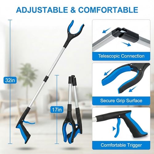 6-Piece Reacher Grabber Set - 32" Foldable Aluminum Pickup Tool with Swivel Claw & Magnet (4 Pack) + 16" Stainless Steel & 12" Iron Mini Grabbers, Heavy Duty Trash Picker & Garden Nabber - color: 32"blue&yellow&orange+16"gray+12"black - 6pack