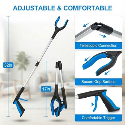 6-Piece Reacher Grabber Set - 32" Foldable Aluminum Pickup Tool with Swivel Claw & Magnet (4 Pack) + 16" Stainless Steel & 12" Iron Mini Grabbers, Heavy Duty Trash Picker & Garden Nabber - color: 32"blue&yellow&orange+16"gray+12"black - 6pack