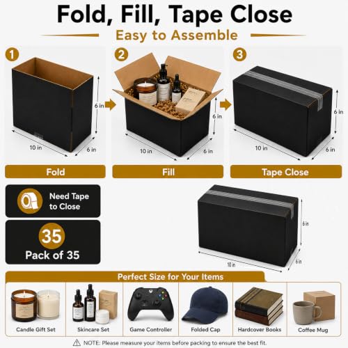 10x6x6 Black Shipping Boxes, Pack of 35 - size: 10"x6"x6"