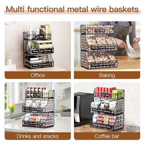 Egg Basket, Stackable Wall Mount Egg Holder Countertop with Weekday Labels - color: Black, size: 2-Tier（with printed labels）