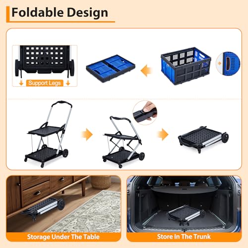 2-Tier Folding Utility Cart with Removable Collapsible Crate, 360° Swivel Wheels Aluminum Frame, 198 LBS Capacity for Shopping Camping Warehouse Hauling - color: Blue