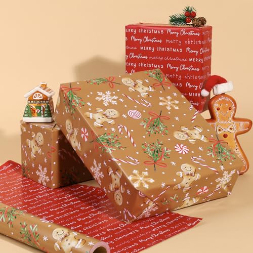 LaRibbons Christmas Wrapping Paper, Double-Sided Gingerbread Cookie Design - color: Gingerbread Man, size: 17 Inch x 33 Feet-1Roll