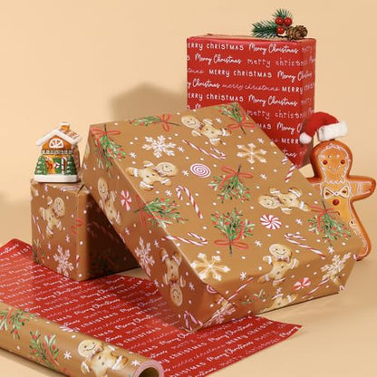 LaRibbons Christmas Wrapping Paper, Double-Sided Gingerbread Cookie Design - color: Gingerbread Man, size: 17 Inch x 33 Feet-1Roll