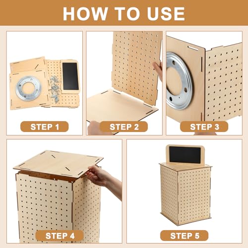 Barydat Rotating Pegboard Display Stand with Hooks, 4 Sided Revolving Jewelry Organizer Stand 11.8 x 15.8 In with Blackboard for Retail Display Trade Show Craft Shows Keychain Vendor Events(Natural)