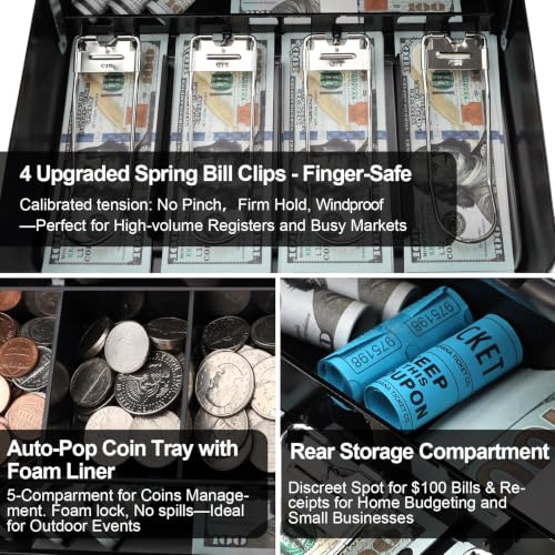 Jssmst Cash Box with Key Lock - 1mm Thick Metal Money Box for Garage Sales, Yard Sales and Petty Cash, Portable Cash Drawer with Coin Tray & Spill-Proof Foam Coin Cover, 4 No-Pinch Bill Clips,11.8'' - color: Black Key