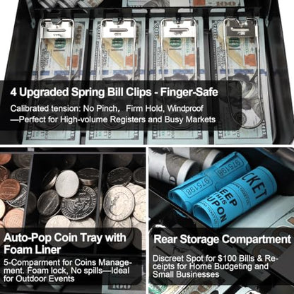 Jssmst Cash Box with Key Lock - 1mm Thick Metal Money Box for Garage Sales, Yard Sales and Petty Cash, Portable Cash Drawer with Coin Tray & Spill-Proof Foam Coin Cover, 4 No-Pinch Bill Clips,11.8'' - color: Black Key