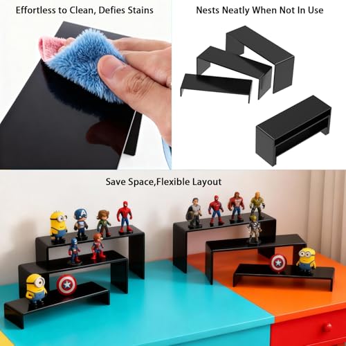 6 PCs 9 Inch Black Acrylic Display Risers 3 Tier Stand - color: Black 6 PCs