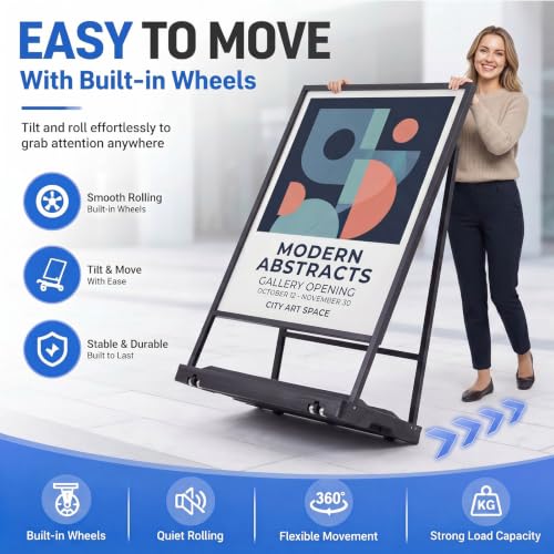 32 in Wide A Frame Sidewalk Sign with Wheels, Double Sided Poster Stand