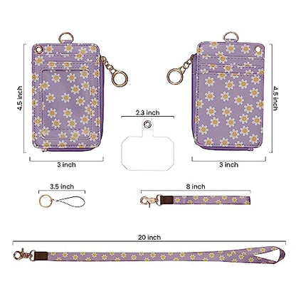 MONDO DESIGNS 2-in-1 ID Badge Holder & Lanyard Wallet - Multi-Use Womens Small Wallet with Removable Wristlet & Neck Lanyard, Clear Window, 5 Card Slots, Phone Holder, Ring Keychain - Purple Daisies - color: Purple Daisies