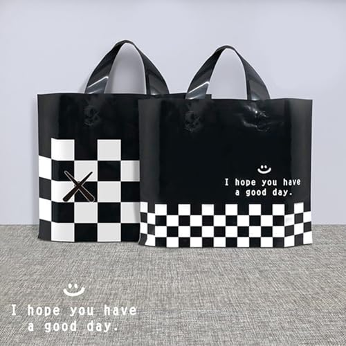 Booge 50 Count 9.8'' x 11.8'' Plastic Merchandise Thank You Bags with Handle for Customers Parties Favors Goodies - Black and White Lattice - color: Black and White