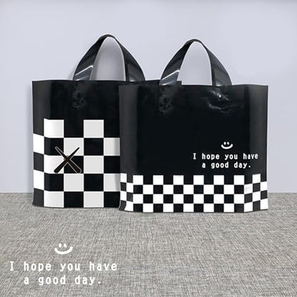 Booge 50 Count 9.8'' x 11.8'' Plastic Merchandise Thank You Bags with Handle for Customers Parties Favors Goodies - Black and White Lattice - color: Black and White