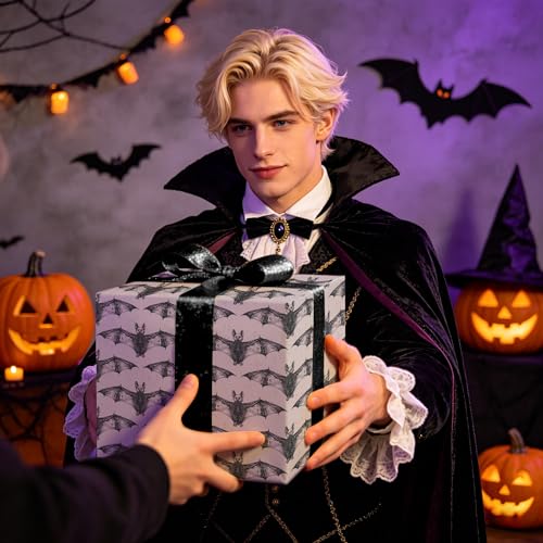 WRAPAHOLIC Bat Halloween Wrapping Paper Roll - Mini Roll - 17 Inch x 16.5 Feet - Black White Gothic Bat Wrapping Paper for Halloween Party, Spooky Gifts, Holiday - color: Halloween Bat