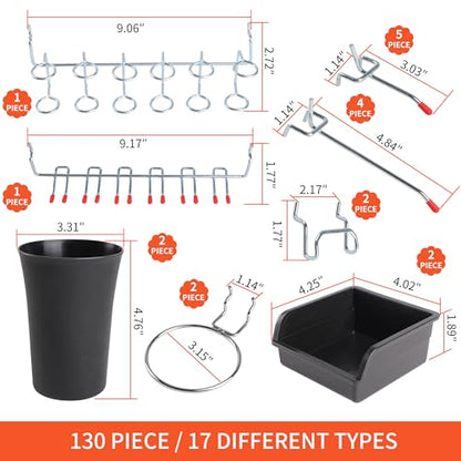 130PCS Pegboard Hooks Assortment - Peg board Hooks for Hanging Tools with Pegboard Bins & Cups,1/8-Inch Pegboard Wall Organizer - Ideal for Organizing in the Garage Kitchen Workbench Craft Room - style: 130 Pcs