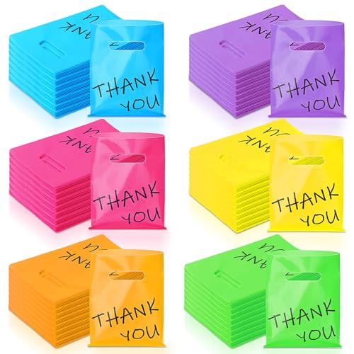 Janlaugh 300 Pcs Thank You Bags Colorful Plastic Handles 6" X 8" - size: 6" x 8"