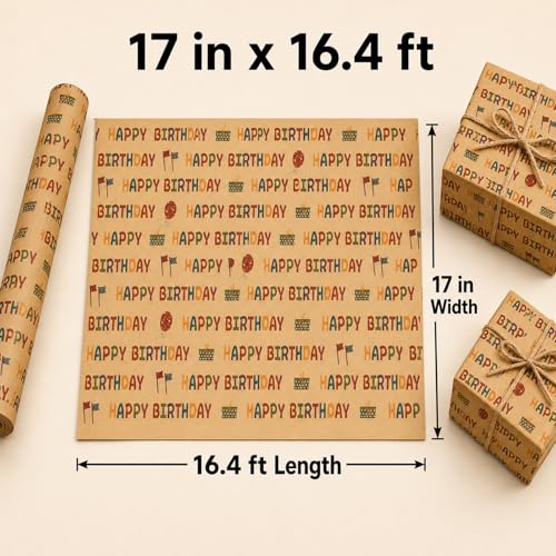 Ulmasinn Kraft Birthday Wrapping Paper Roll - 17" x 16.4 Ft with Grid Cut Lines, Happy Birthday Print for Easy Wrapping, Kids Party, Baby Shower - color: Kraft Birthday