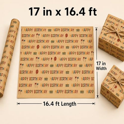 Ulmasinn Kraft Birthday Wrapping Paper Roll - 17" x 16.4 Ft with Grid Cut Lines, Happy Birthday Print for Easy Wrapping, Kids Party, Baby Shower - color: Kraft Birthday