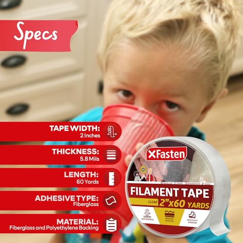 XFasten Heavy Duty Filament Tape 2 Inch by 60 Yards Reinforced Packing Tape, Extreme Fiberglass Reinforced Cross Strapping Tape - size: Large